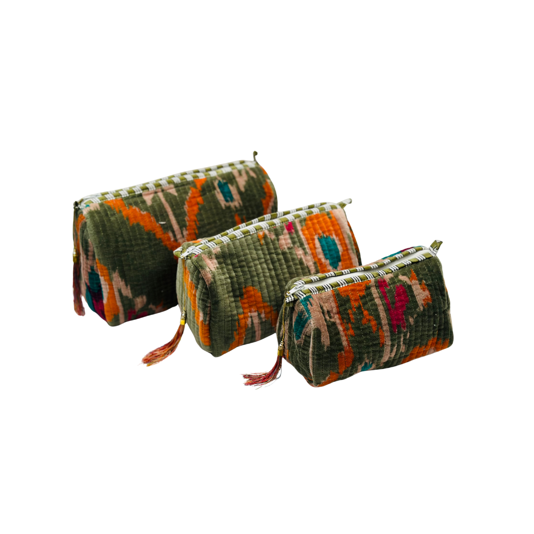 Olive Green Ikat Velvet Wash Bags-Set Of Three