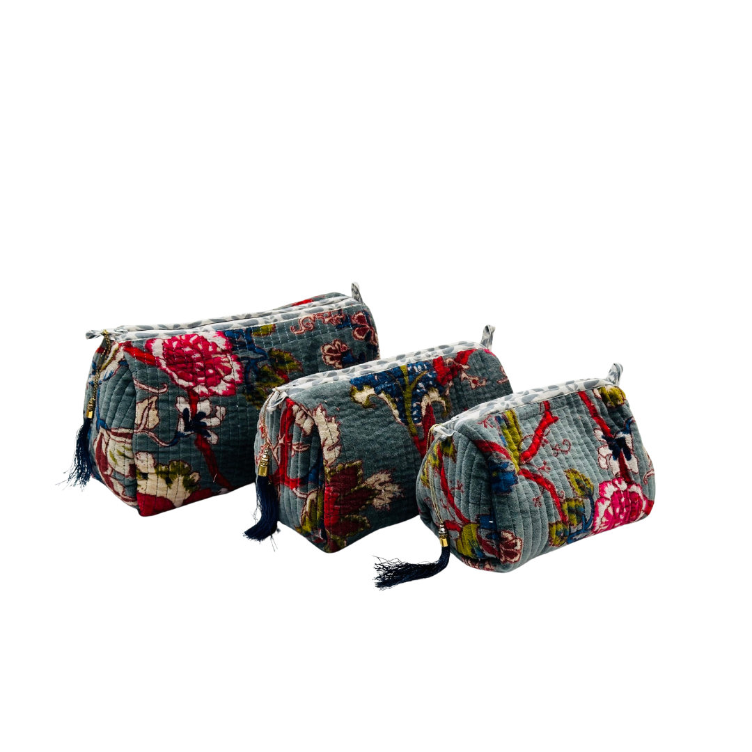 Teal Blossom Velvet Wash Bags-Set Of Three
