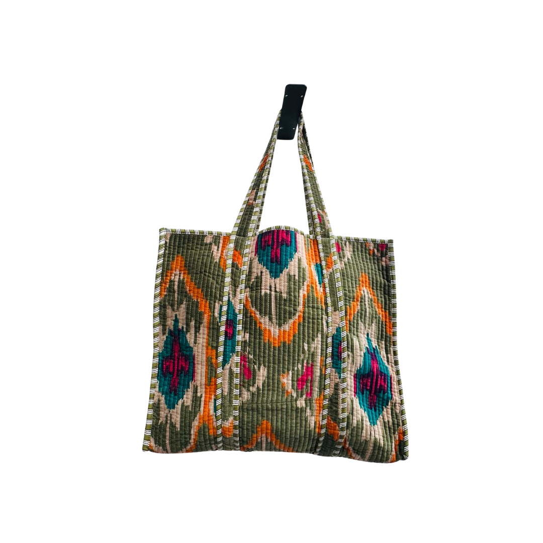 Olive Green Ikat Velvet Quilted Tote Bag