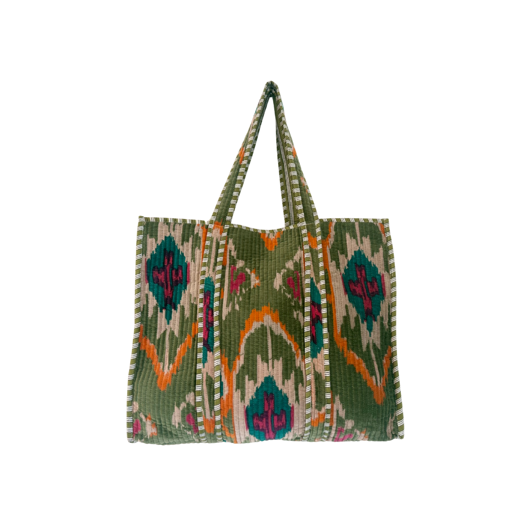 Olive Green Ikat Velvet Quilted Tote Bag