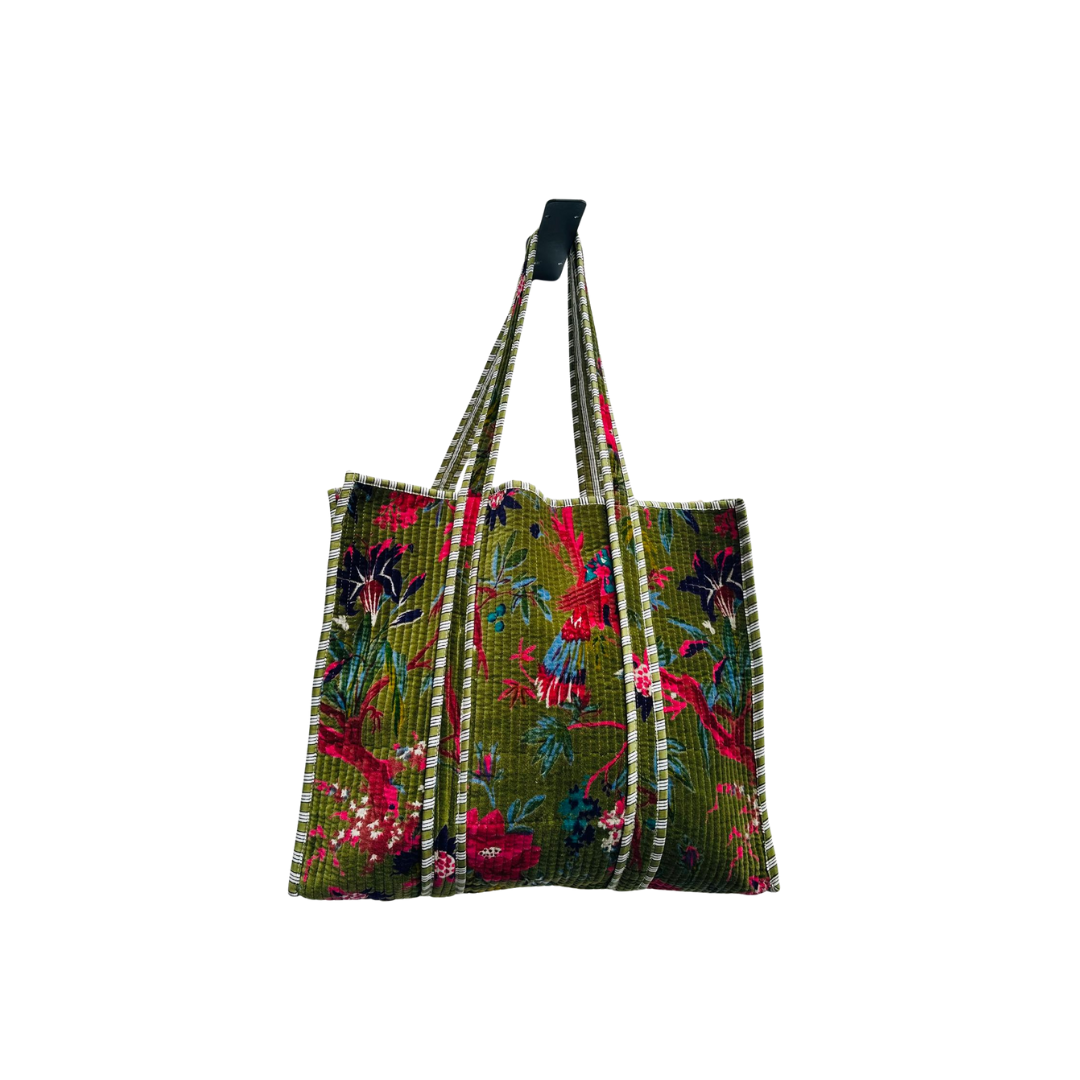 Olive Green Blossom Velvet Quilted Tote Bag
