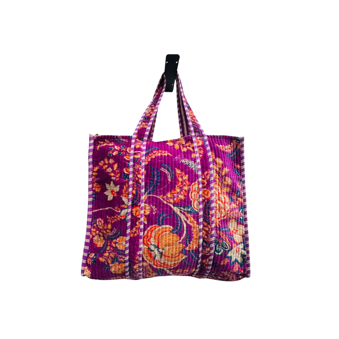 Purple Blossom Velvet Quilted Tote Bag