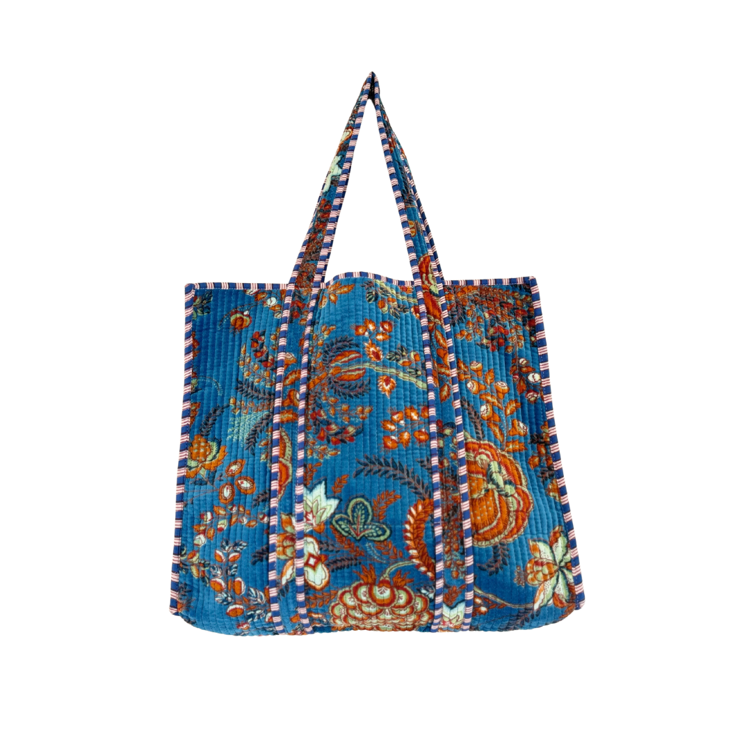 Blue Blossom Velvet Quilted Tote Bag