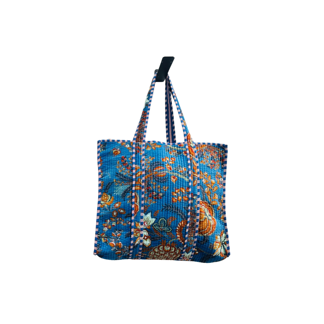Blue Blossom Velvet Quilted Tote Bag