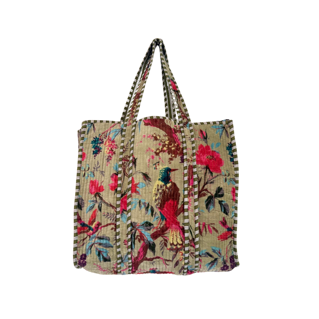 Jade Green Blossom Velvet Quilted Tote Bag