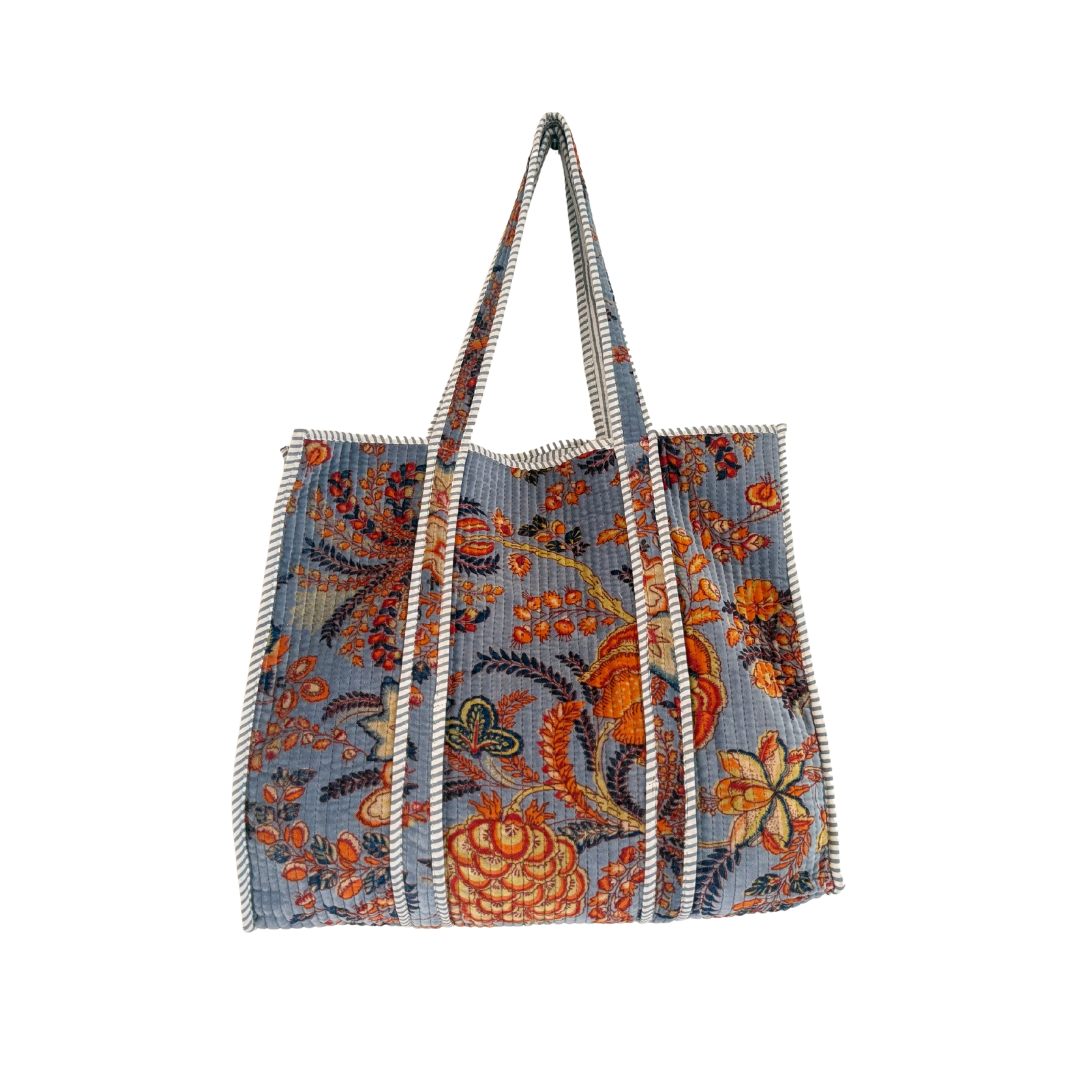 Pastel Blue Blossom Velvet Quilted Tote Bag