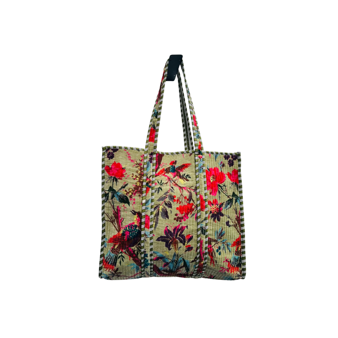 Jade Green Blossom Velvet Quilted Tote Bag