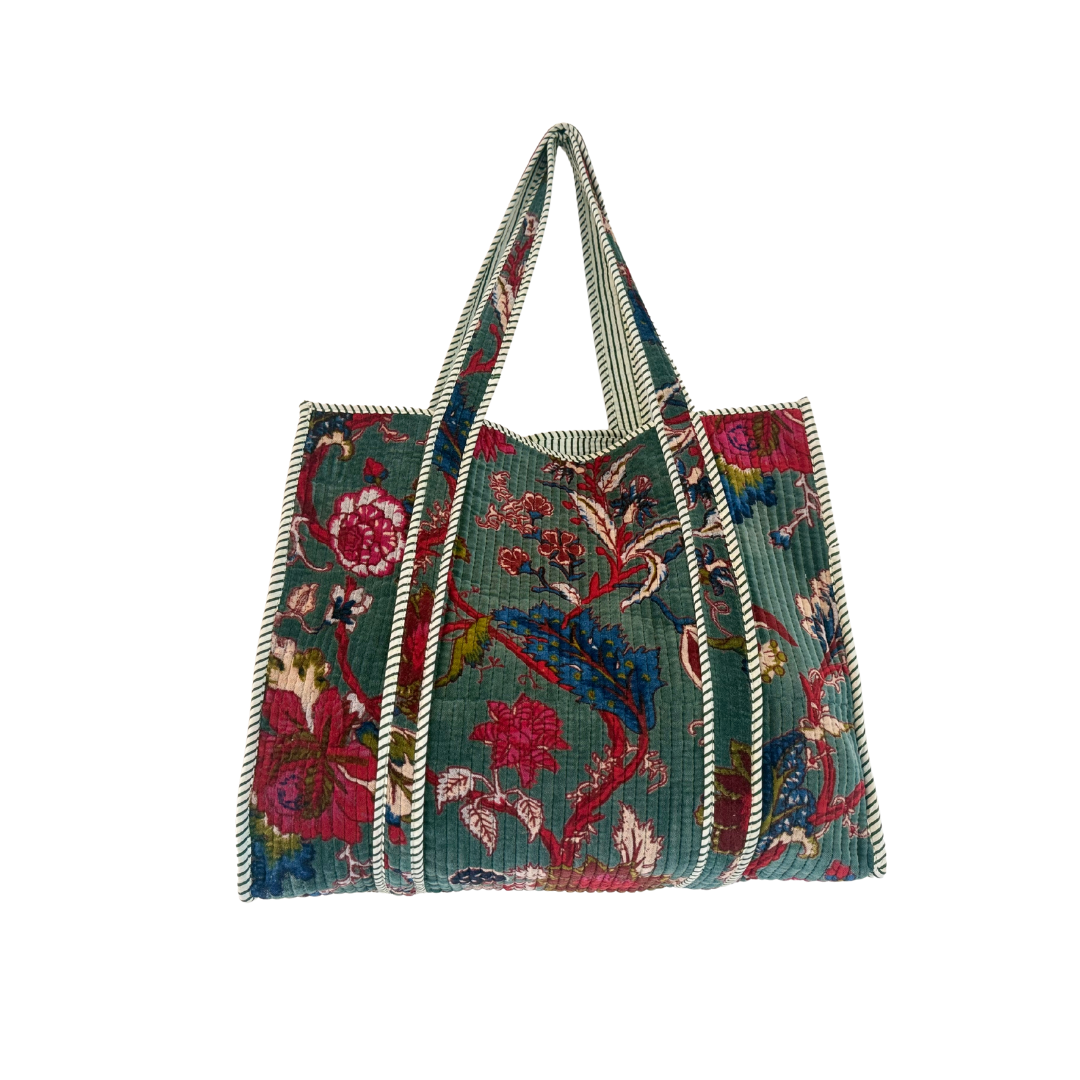 Teal Blossom Velvet Quilted Tote Bag