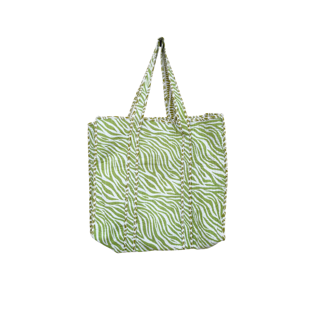 Lime Zebra Cotton Quilted Tote Bag