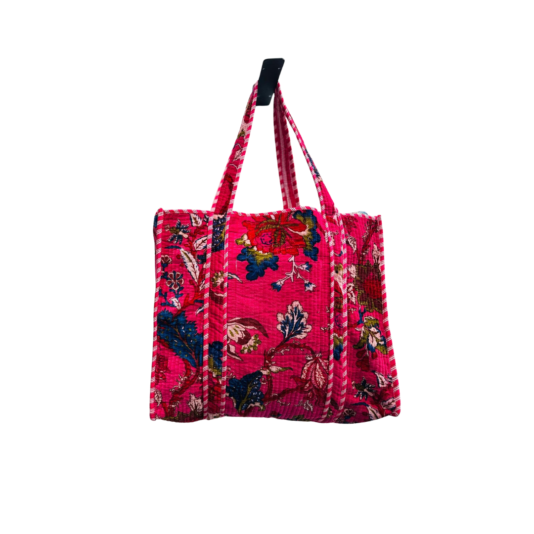 Hot Pink Blossom Velvet Quilted Tote Bags