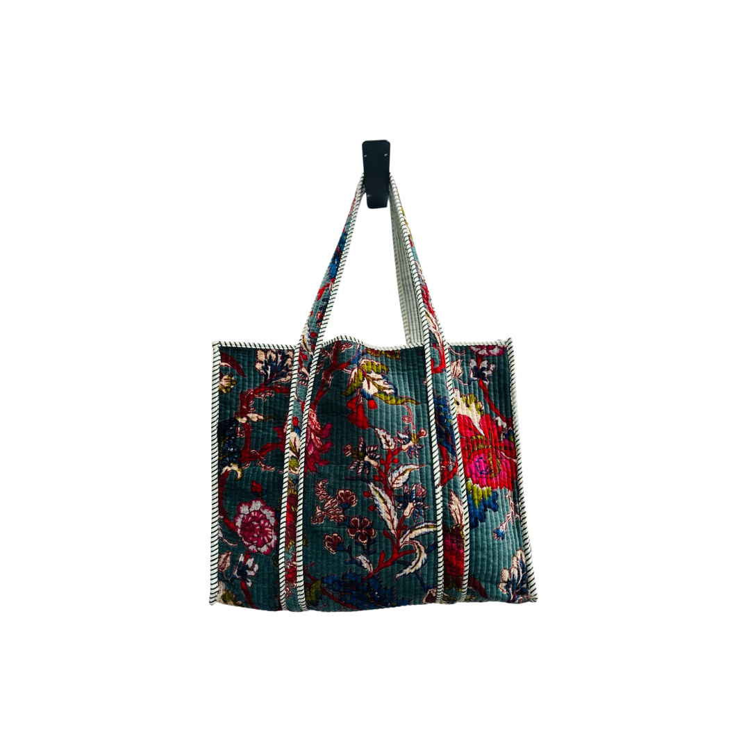 Teal Blossom Velvet Quilted Tote Bag