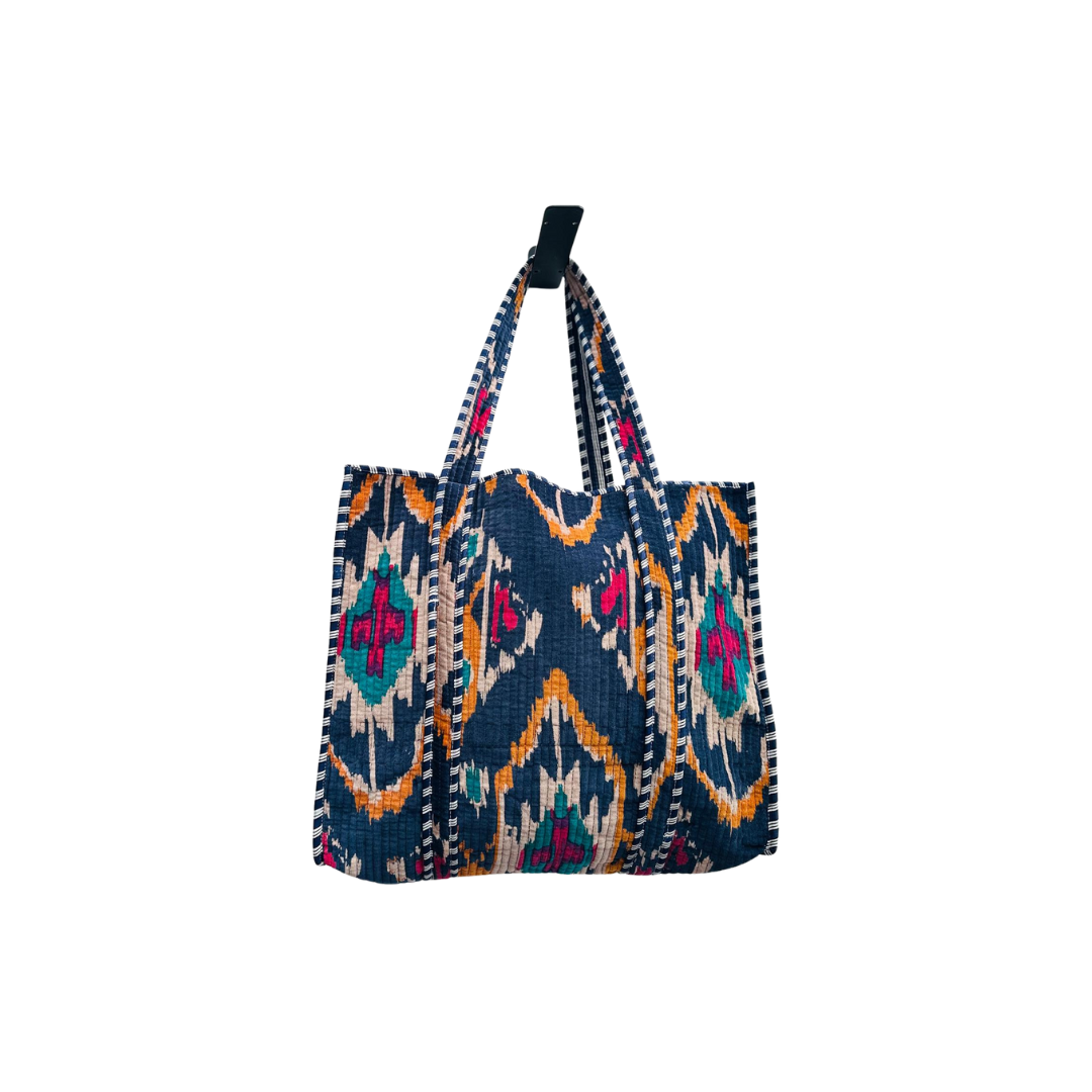 Navy Ikat velvet quilted tote bag