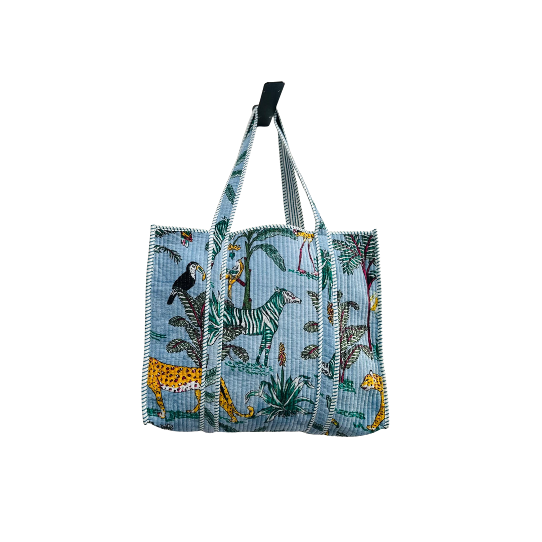 Baby blue jungle velvet quilted tote bag