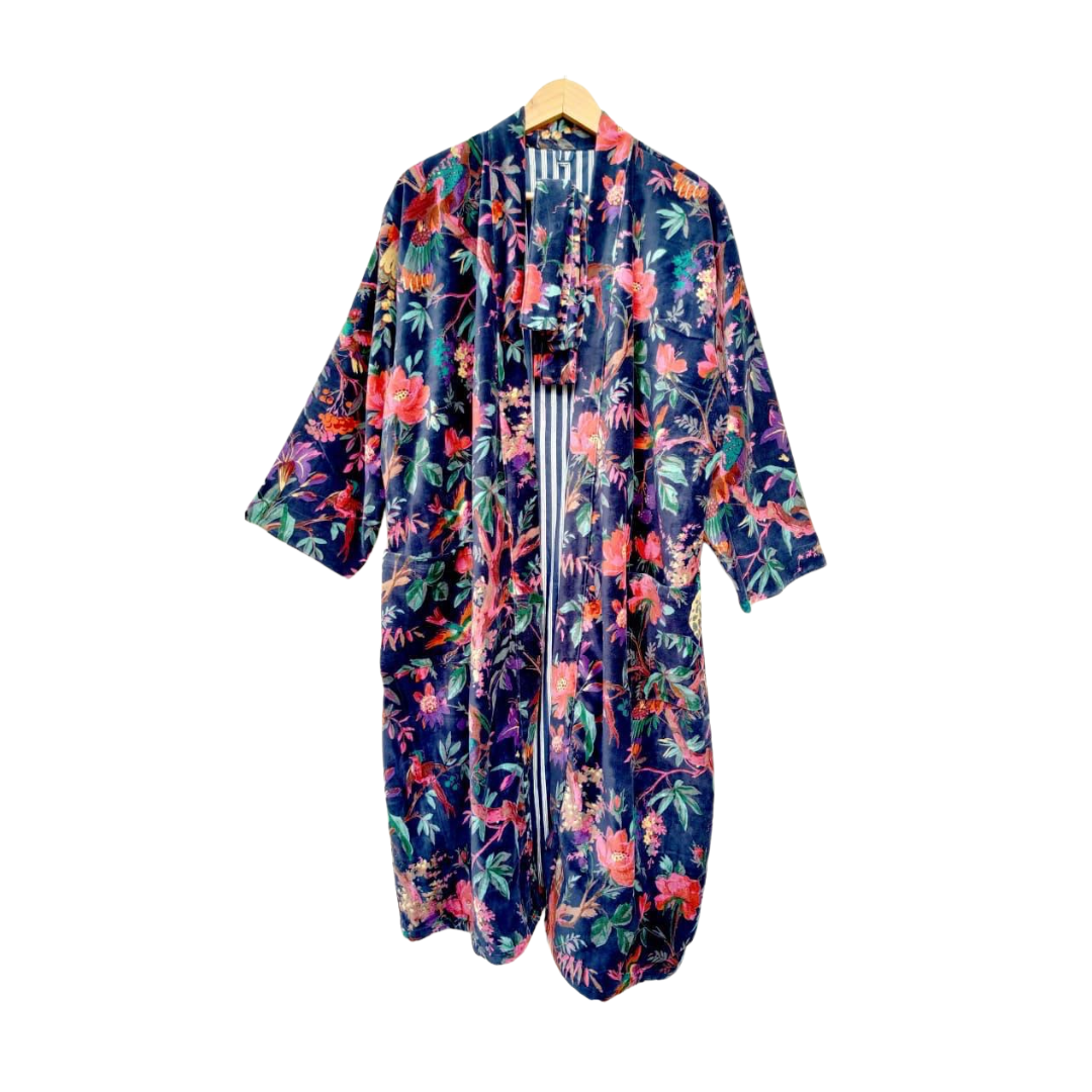 Navy Blossom Velvet Robe