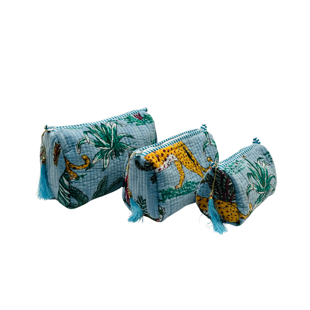 Sky Blue Jungle Velvet Wash Bags-Set Of Three