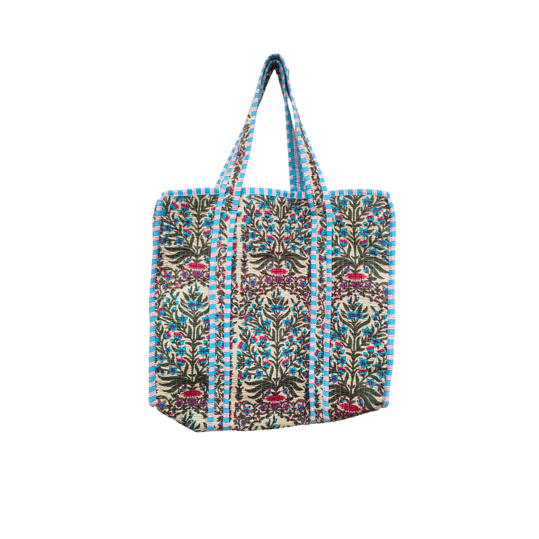 Ditsy Blue Floral Cotton Quilted Tote Bag