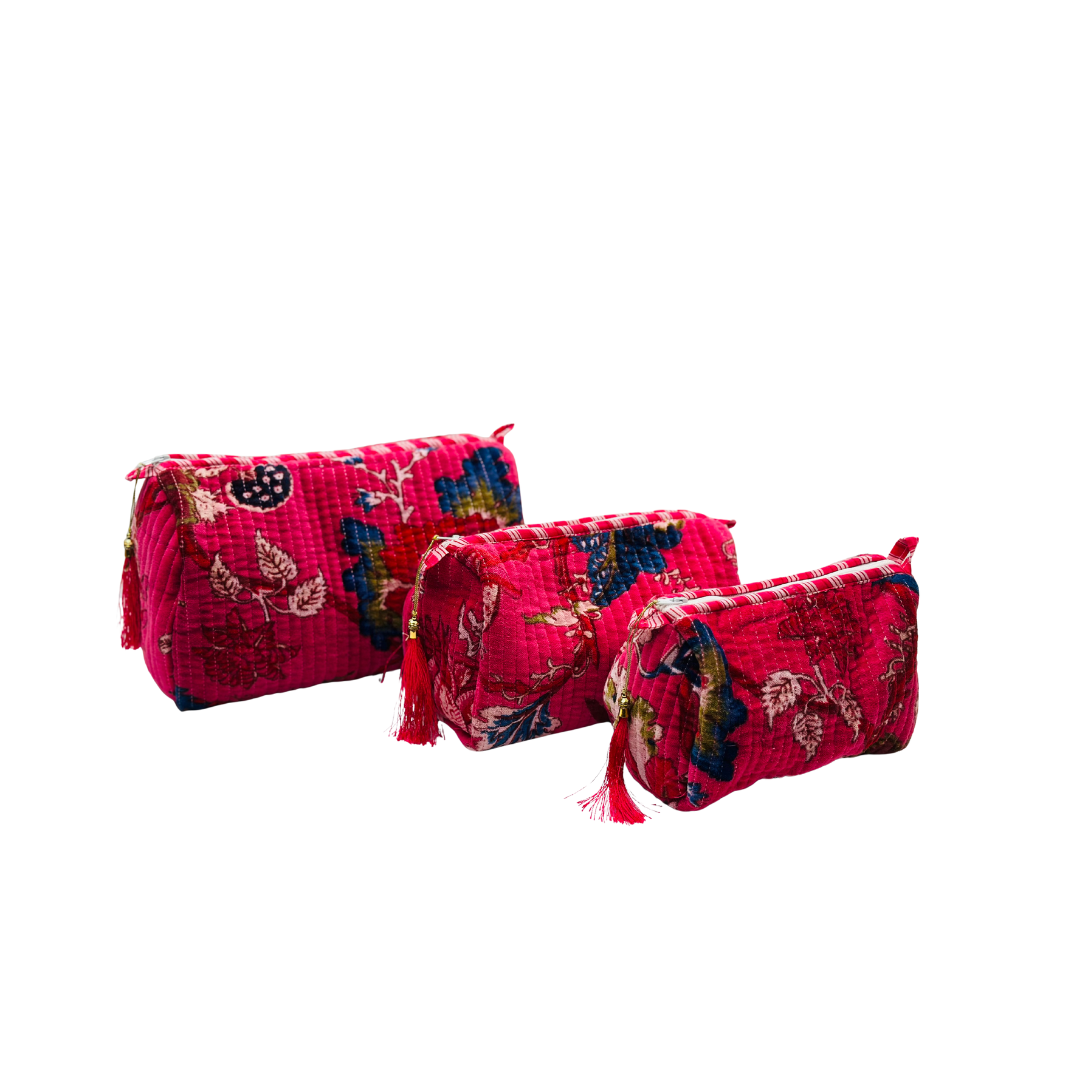 Hot Pink Blossom Velvet Wash Bags-Set Of Three