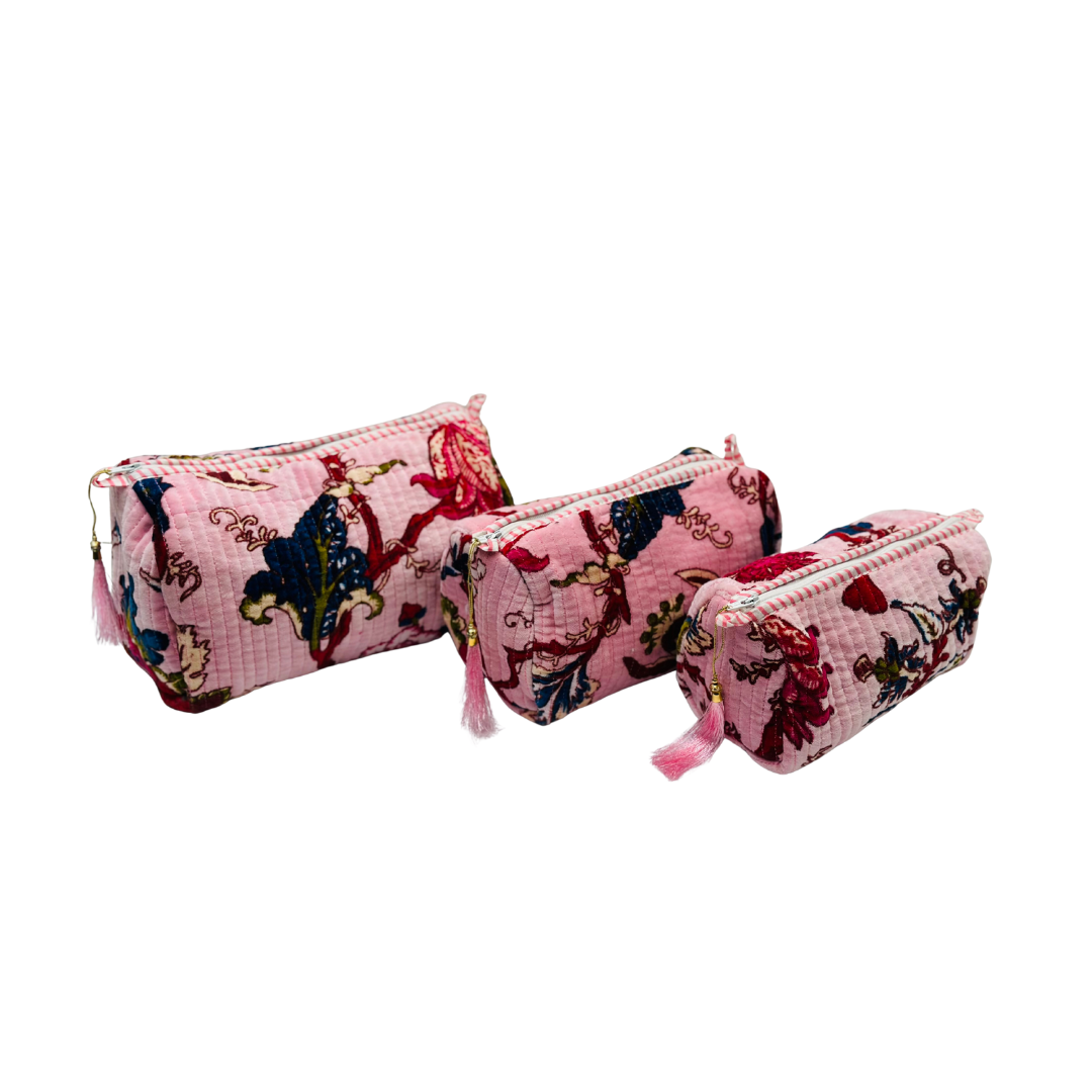 Pastel Pink Blossom Velvet Wash Bags-Set Of Three