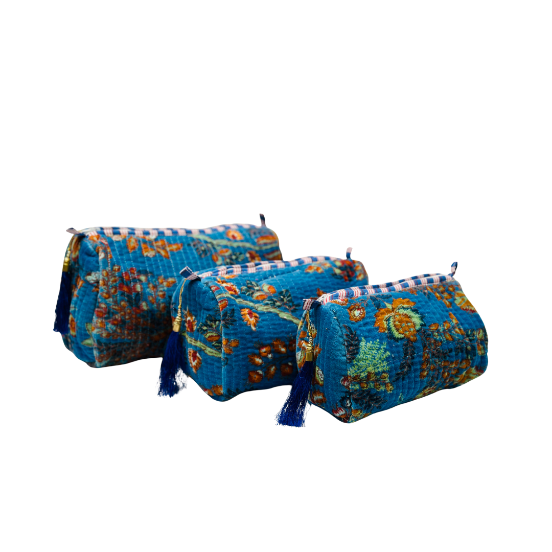 Blue Blossom Velvet Wash Bags-Set Of Three