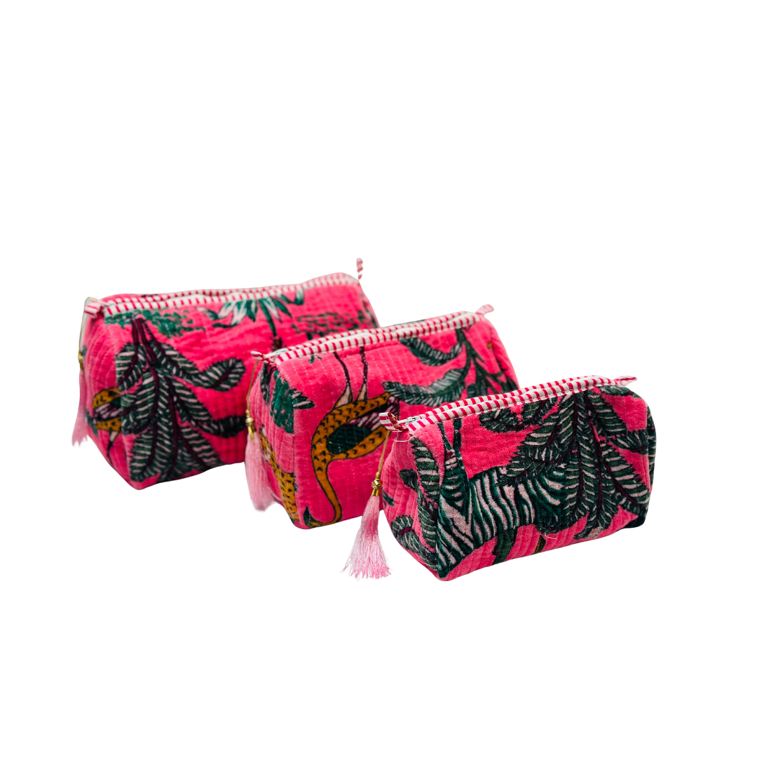 Hot Pink Jungle Velvet Wash Bags-Set Of Three