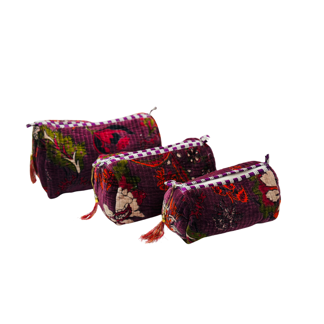 Mauve Blossom Velvet Wash Bags-Set Of Three