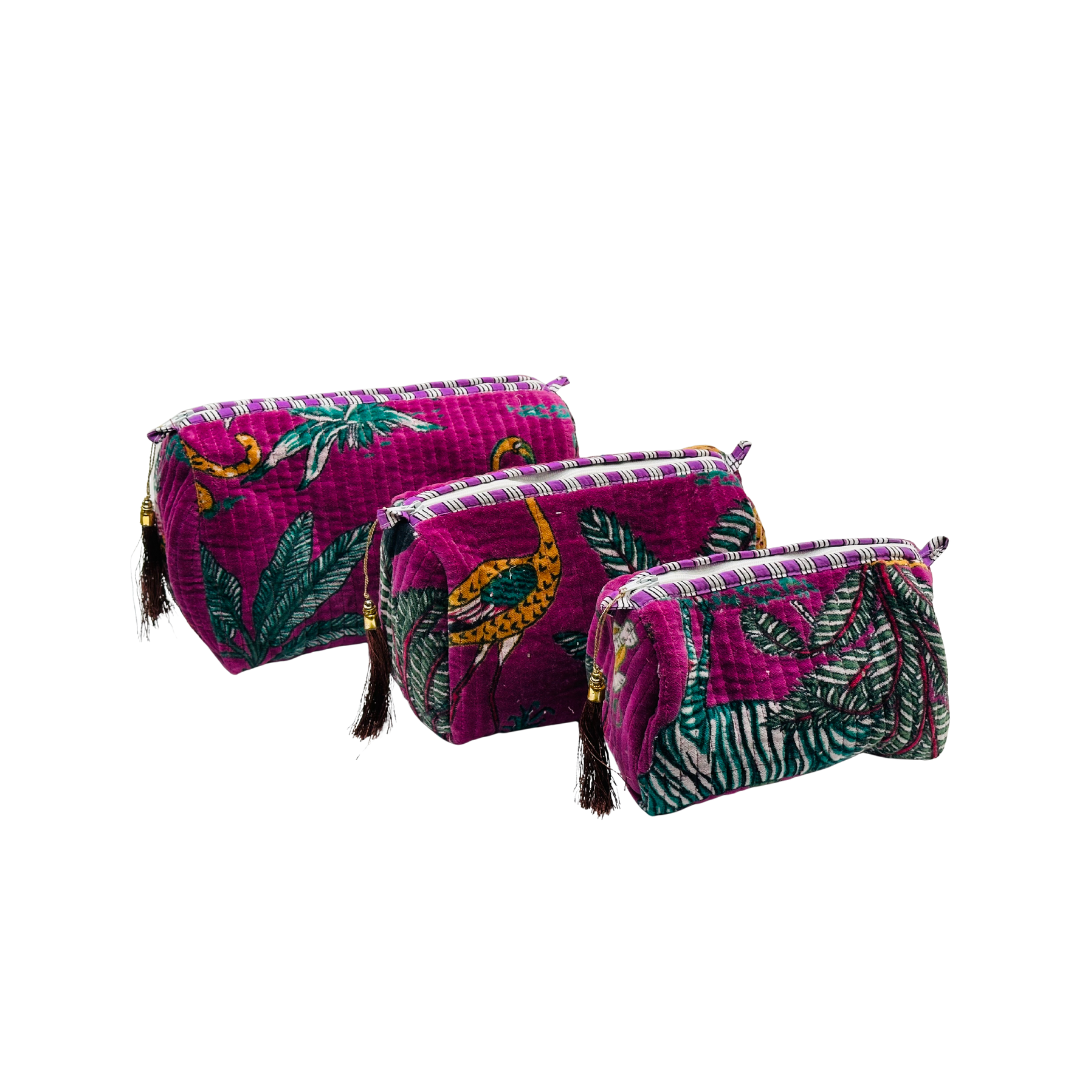 Purple Jungle Velvet Wash Bags-Set Of Three