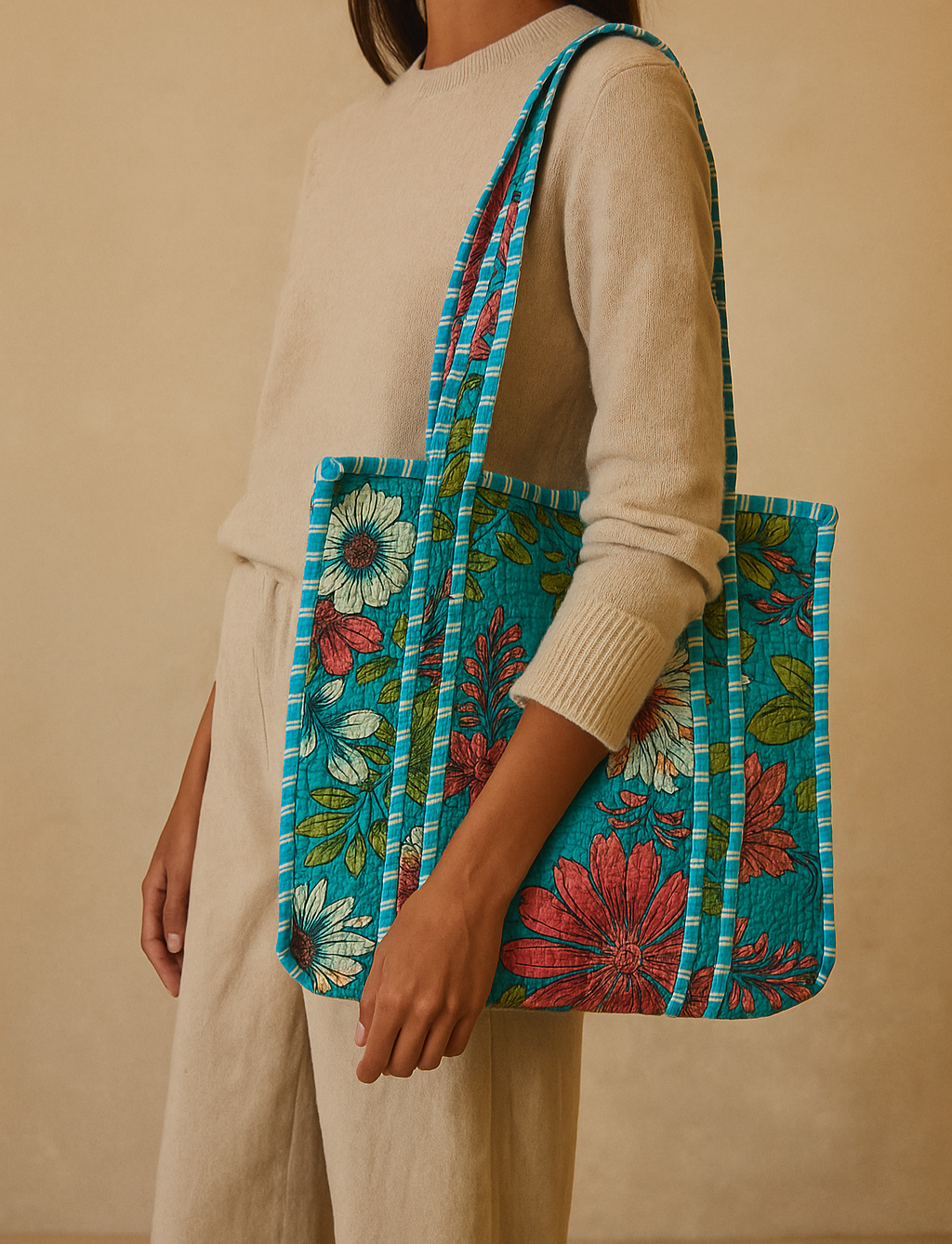 Blue Bouquet Cotton Quilted Tote Bag