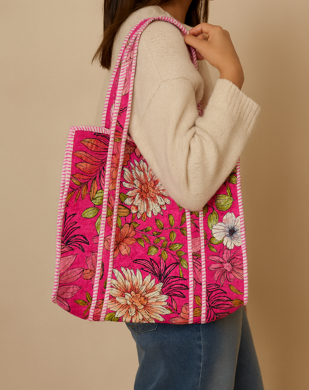 Hot Pink Bouquet Cotton Quilted Tote Bag
