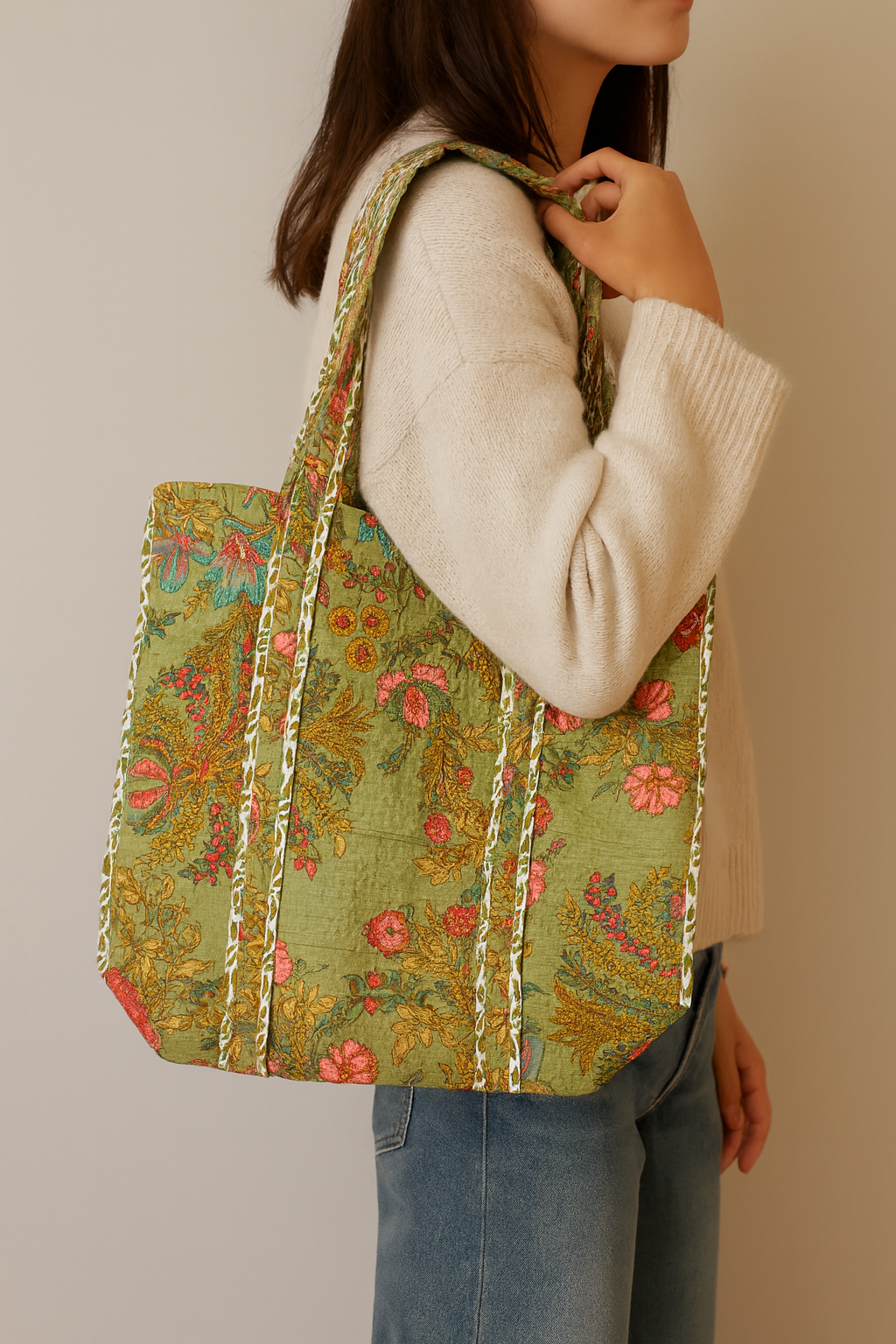 Rosetta Green Cotton Quilted Tote Bag
