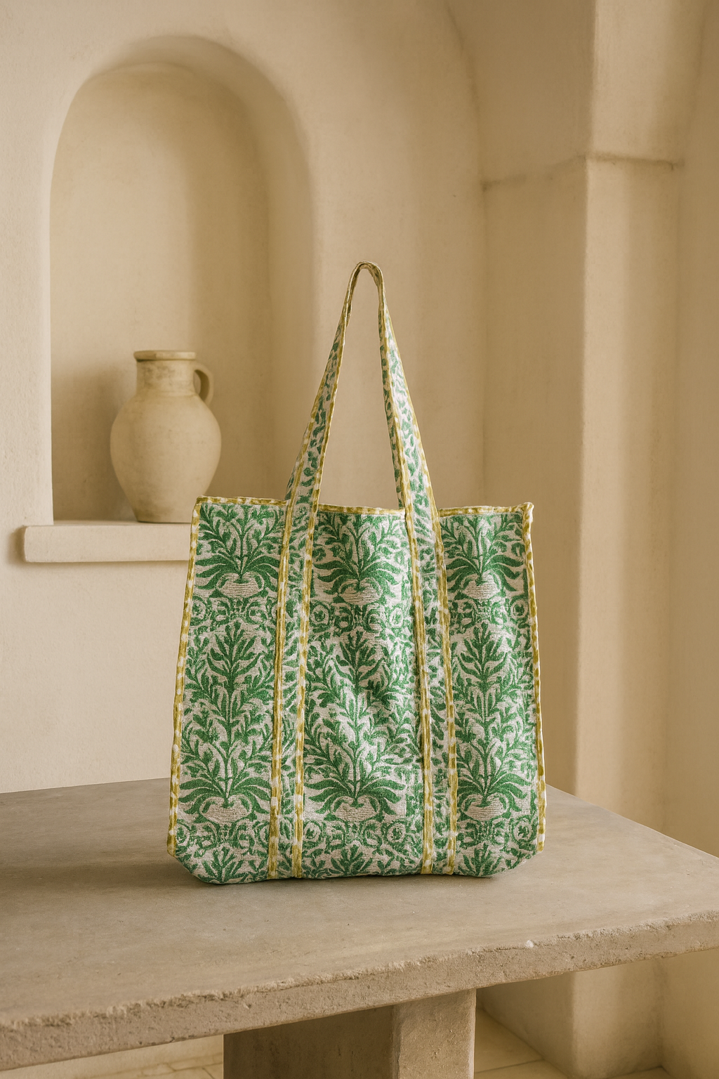 Ditsy Green Cotton Quilted Tote Bag