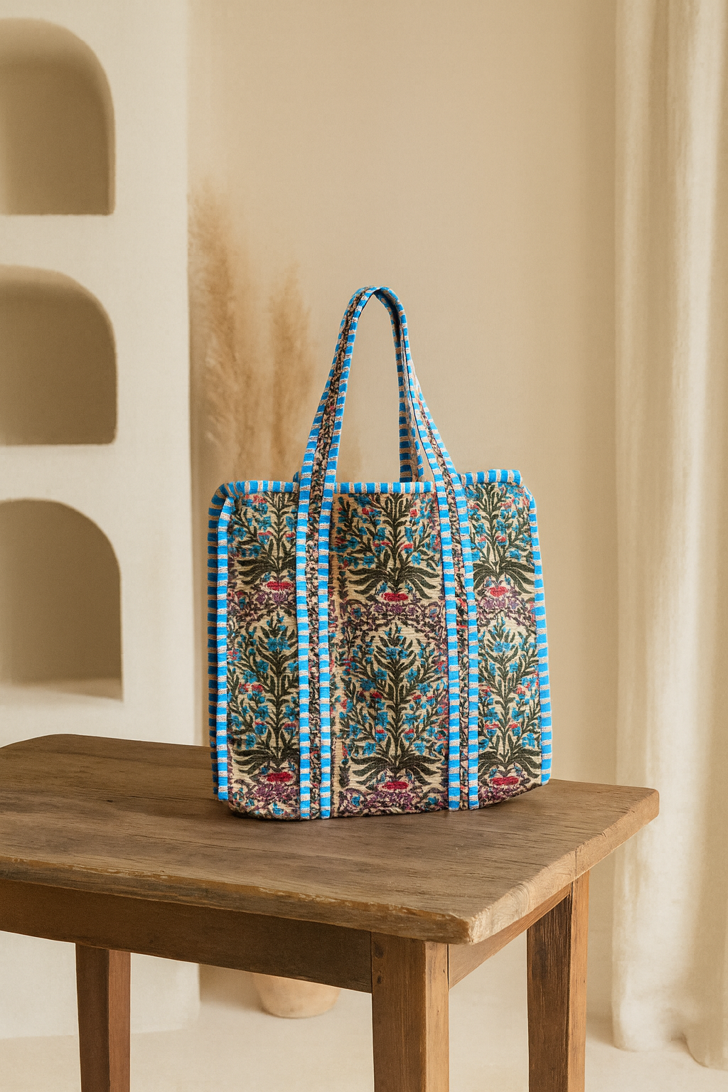 Ditsy Blue Floral Cotton Quilted Tote Bag