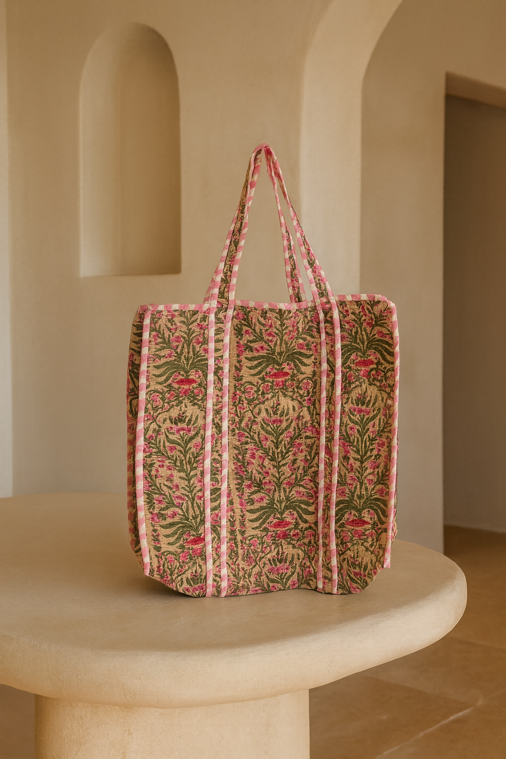 Ditsy Peach Cotton Quilted Tote Bag