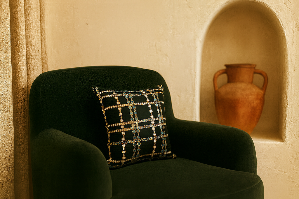 Tushar Silk Black Dotted Plaid Cushion