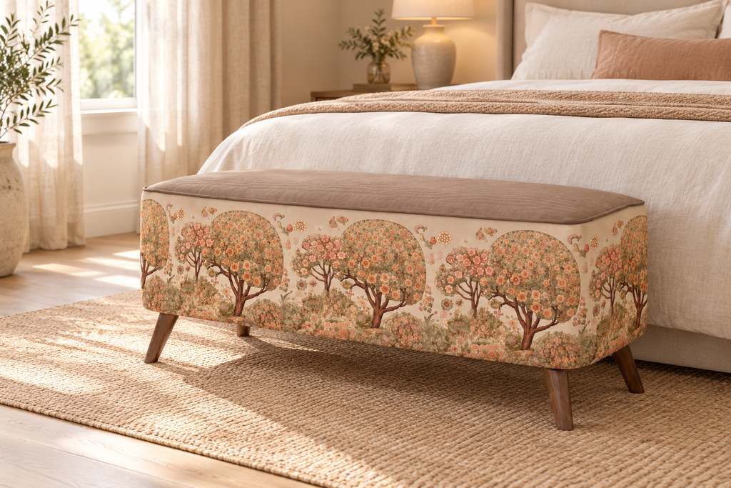 Enchanted Garden Storage Bench styled in a softly lit interior