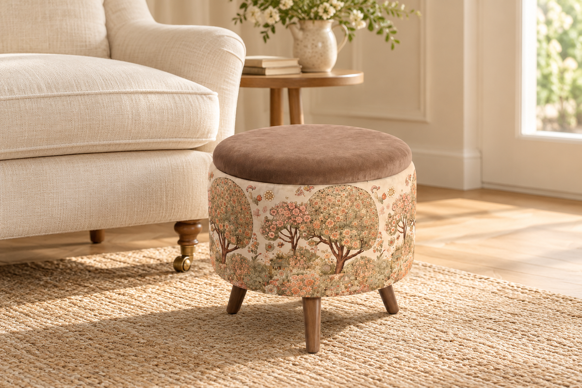 Enchanted Garden Foot Stool styled in a softly lit interior