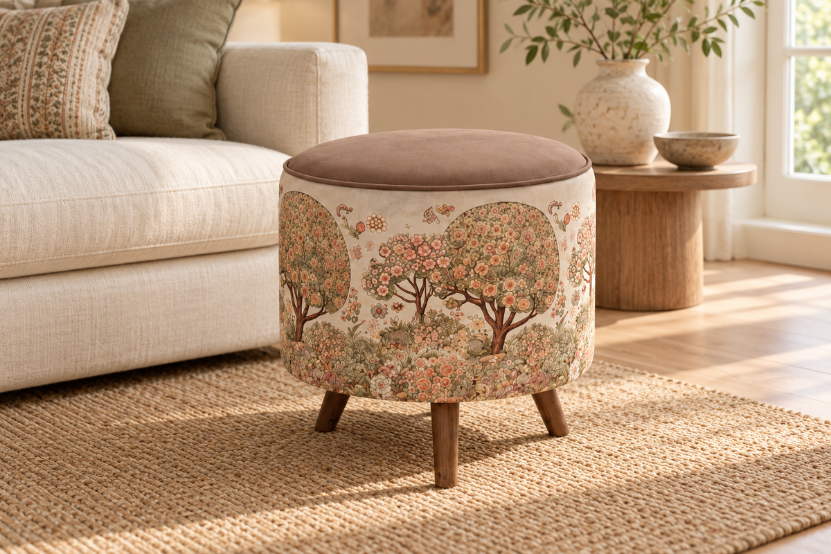 Enchanted Garden Ottoman styled in a softly lit interior