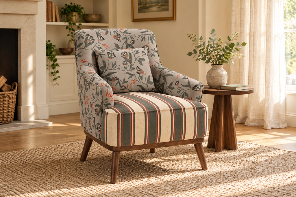 Foxglove Armchair styled in a softly lit interior