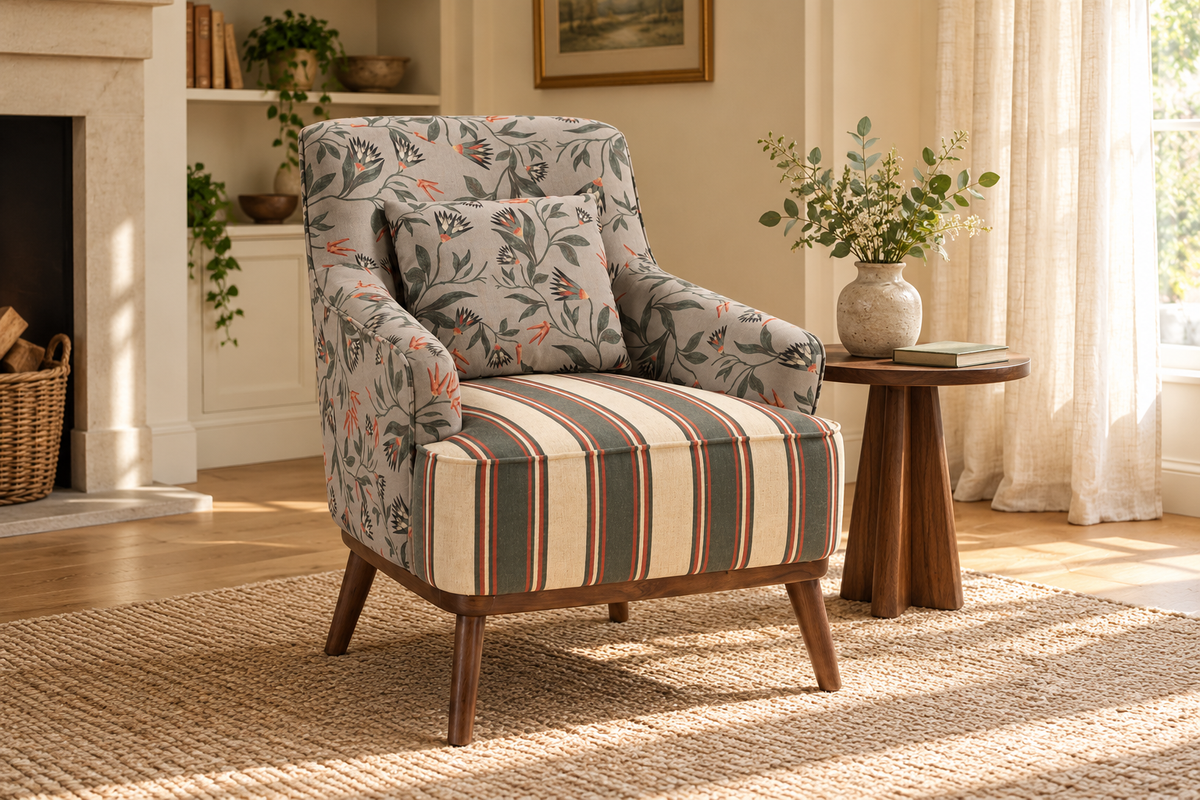 Foxglove Armchair styled in a softly lit interior
