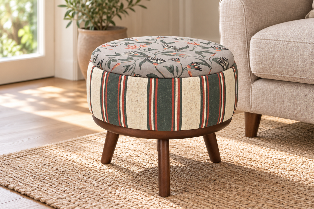 Foxglove Foot Stool styled in a softly lit interior
