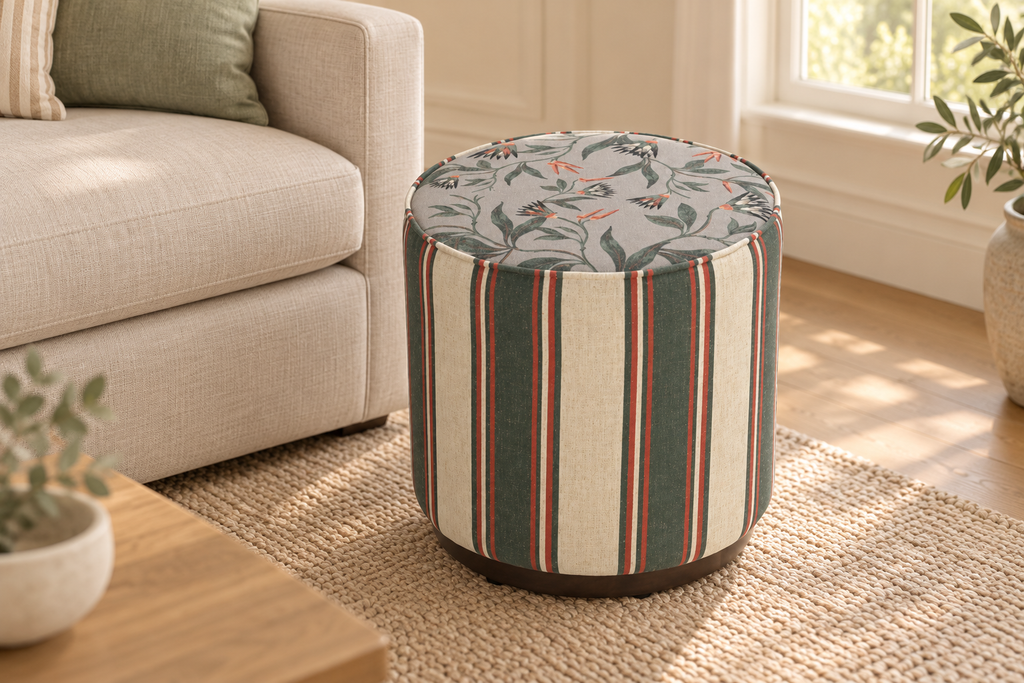 Foxglove Ottoman styled in a softly lit interior