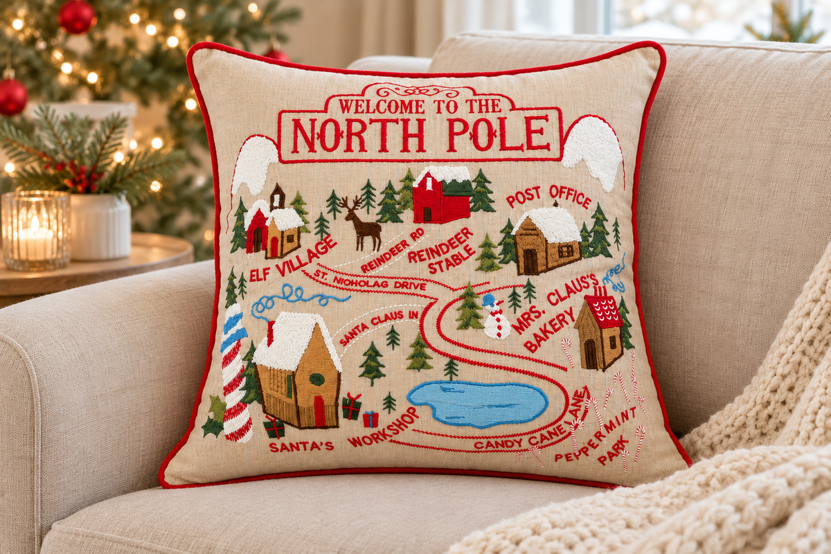 Welcome to the North Pole Cushion styled in a festive living room