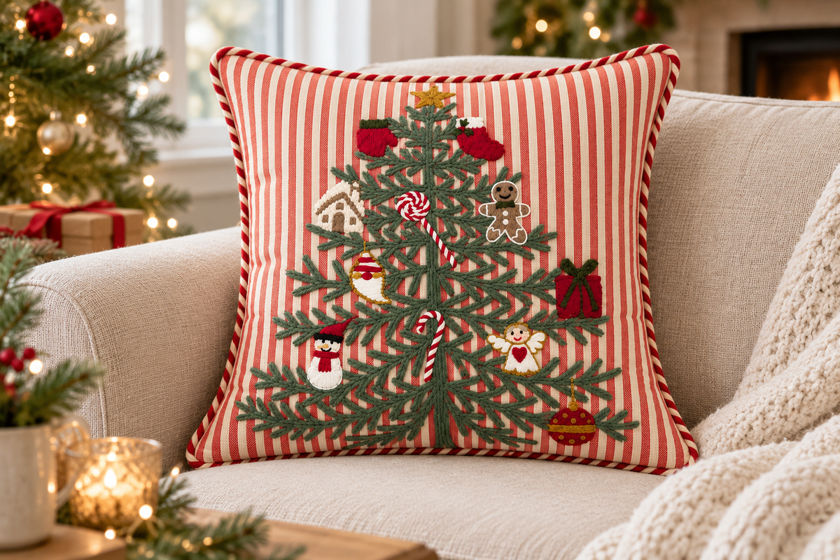 Decorated Christmas Tree Striped Cushion styled in a festive living room