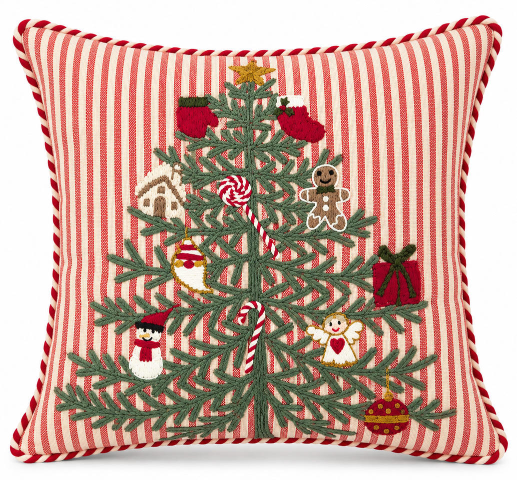 Decorated Christmas Tree Striped Cushion on a white background