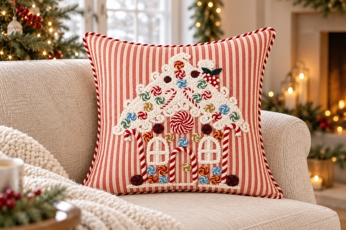 Gingerbread House Striped Cushion styled in a festive living room