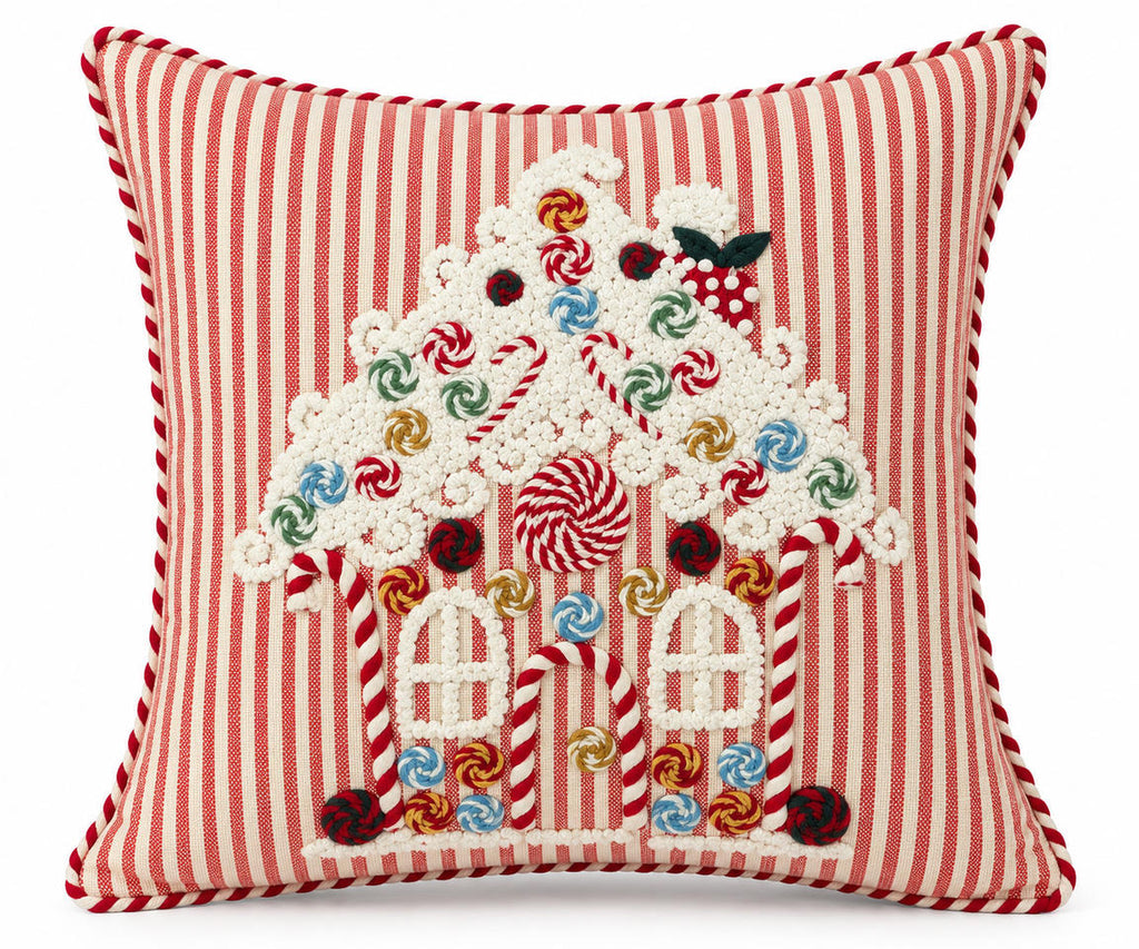 Gingerbread House Striped Cushion on a white background