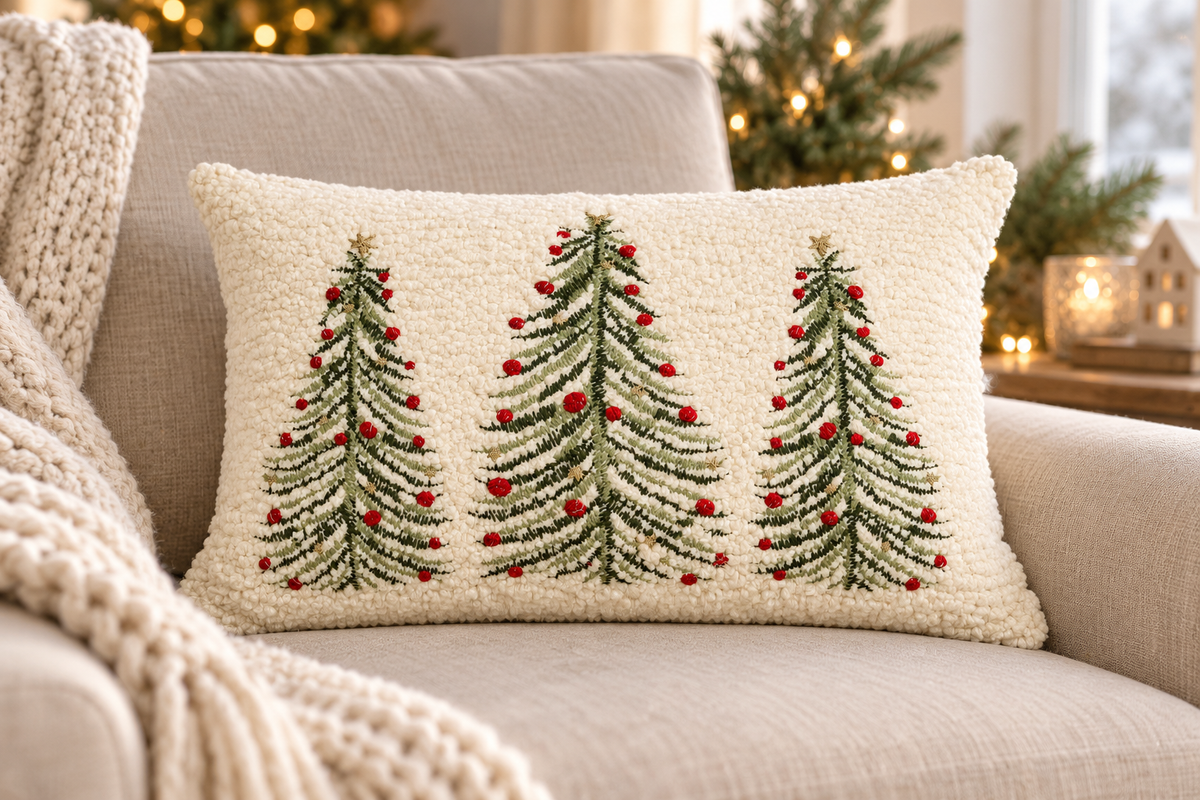 Three Christmas Trees Cushion styled in a festive living room