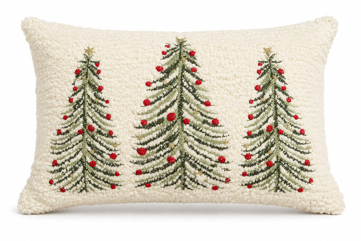 Three Christmas Trees Cushion on a white background