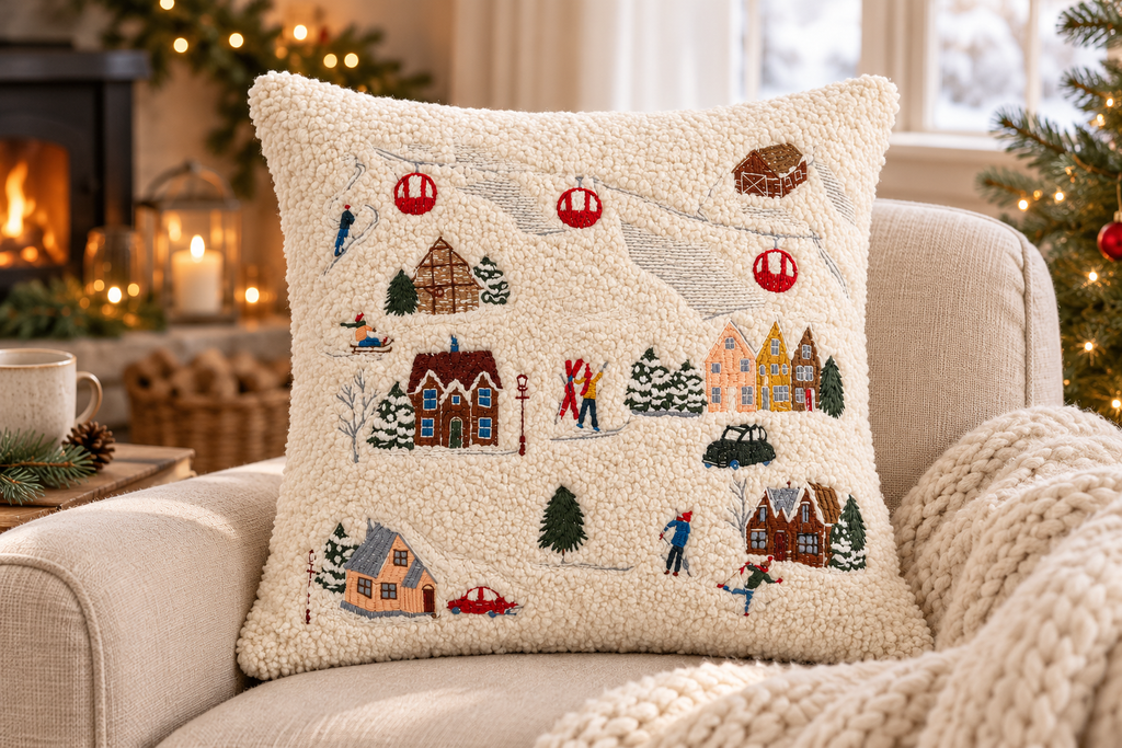 Alpine Village Christmas Cushion styled in a festive living room