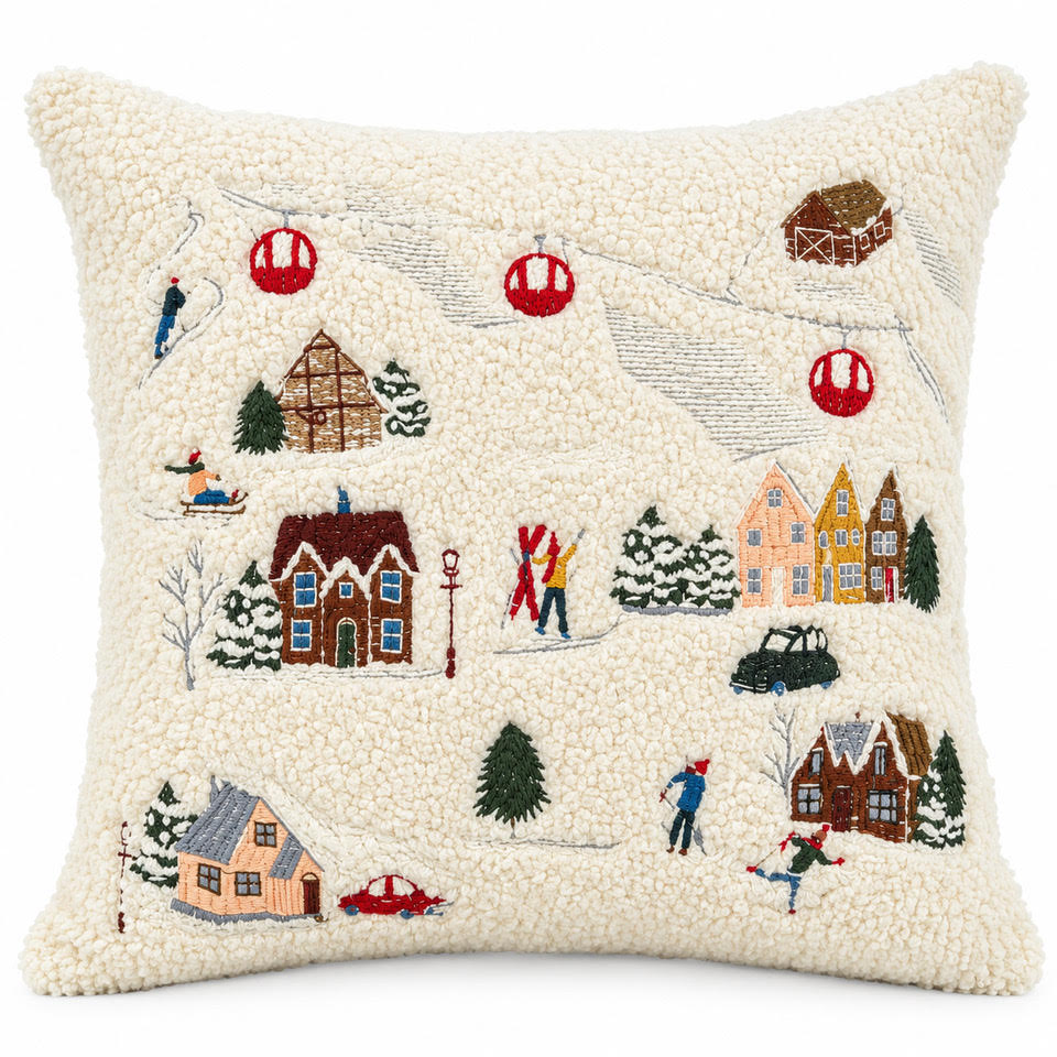 Alpine Village Christmas Cushion on a white background