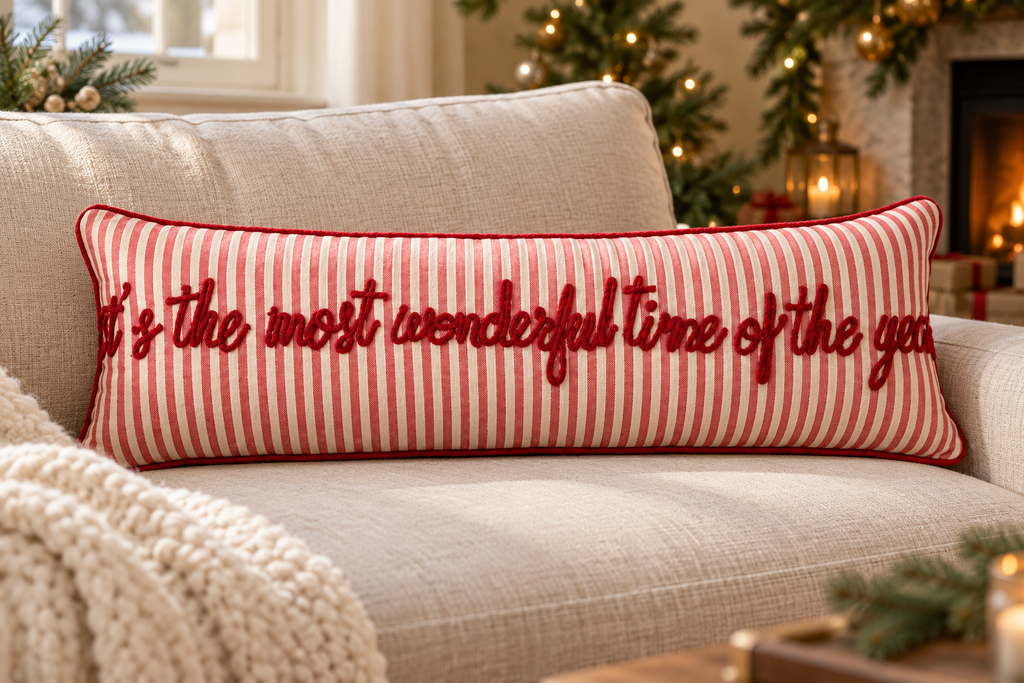 Most Wonderful Time Christmas Lumbar Cushion styled in a festive living room